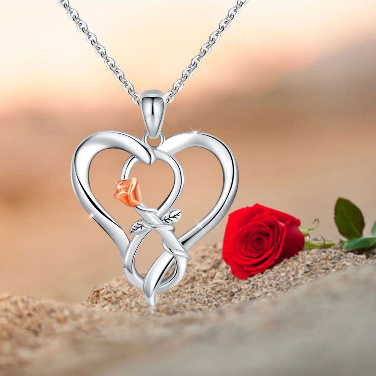 Sterling Silver Two-tone Rose & Heart Pendant Necklace-5