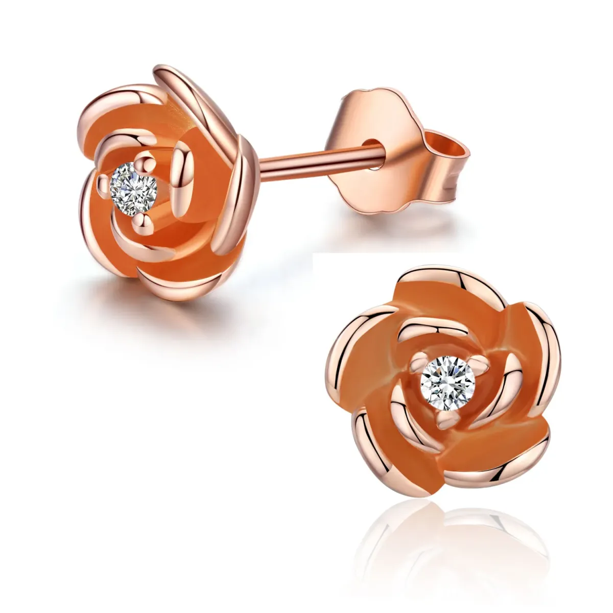 Sterling Silver with Rose Gold Plated Circular Shaped Cubic Zirconia Rose Stud Earrings-1