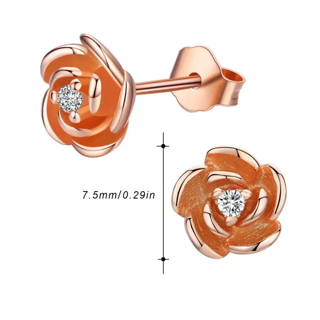 Sterling Silver with Rose Gold Plated Circular Shaped Cubic Zirconia Rose Stud Earrings-3