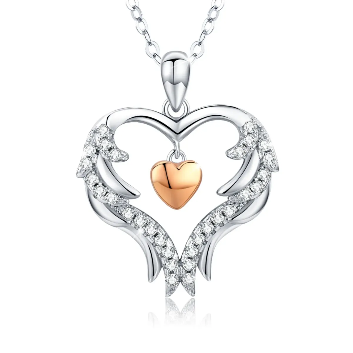 Sterling Silver Two-tone Circular Shaped Cubic Zirconia Heart Pendant Necklace-1