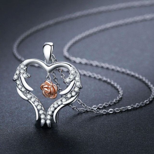 Sterling Silver Two-tone Circular Shaped Cubic Zirconia Heart Pendant Necklace-2