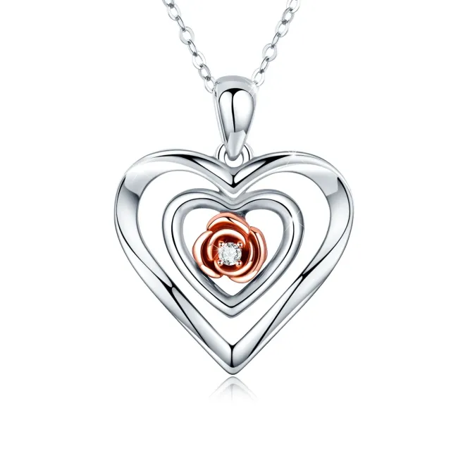 Sterling Silver Two-tone Circular Shaped Cubic Zirconia Rose & Heart Pendant Necklace-0
