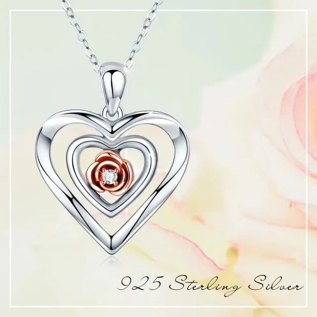 Sterling Silver Two-tone Circular Shaped Cubic Zirconia Rose & Heart Pendant Necklace-2