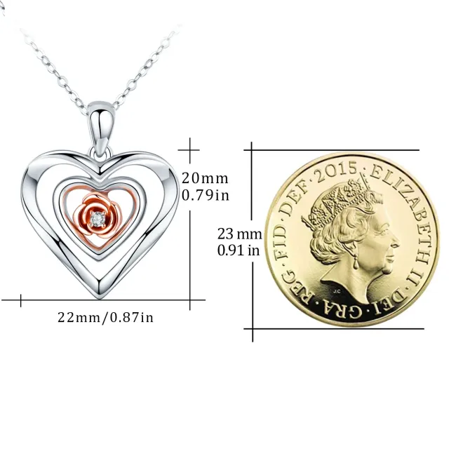 Sterling Silver Two-tone Circular Shaped Cubic Zirconia Rose & Heart Pendant Necklace-3