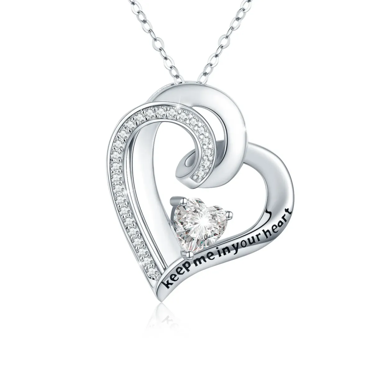 Sterling Silver Heart Shaped Zircon Heart Pendant Necklace with Engraved Word-1