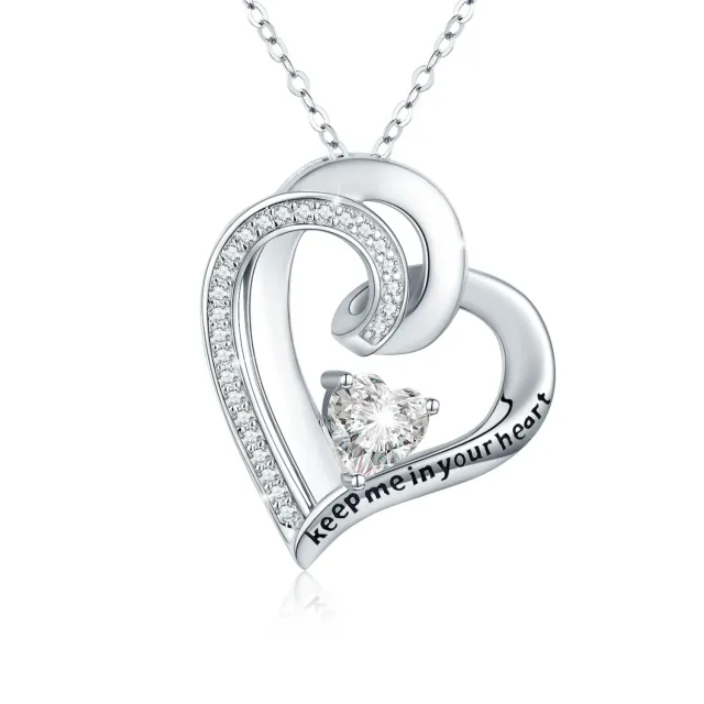 Sterling Silver Heart Shaped Zircon Heart Pendant Necklace with Engraved Word-0