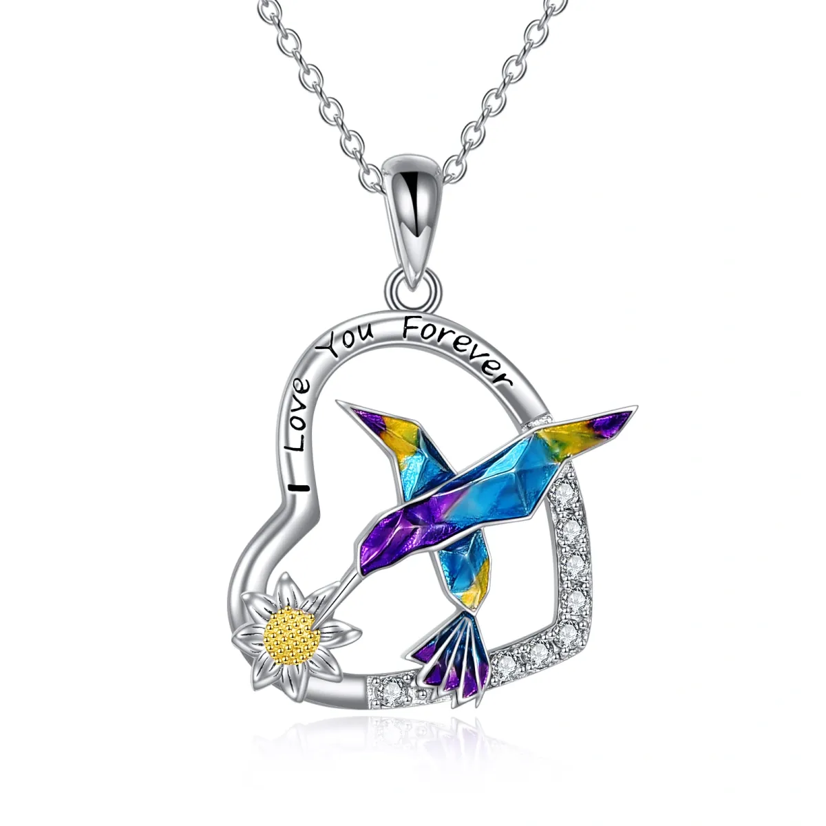 Sterling Silber Zirkon Kolibri & Sonnenblume & Herz-Anhänger Halskette mit eingraviertem W-1