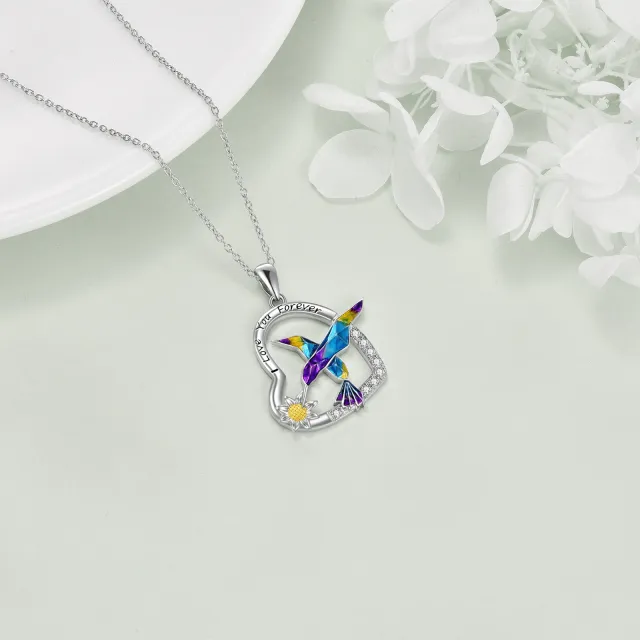 Sterling Silber Zirkon Kolibri & Sonnenblume & Herz-Anhänger Halskette mit eingraviertem W-2
