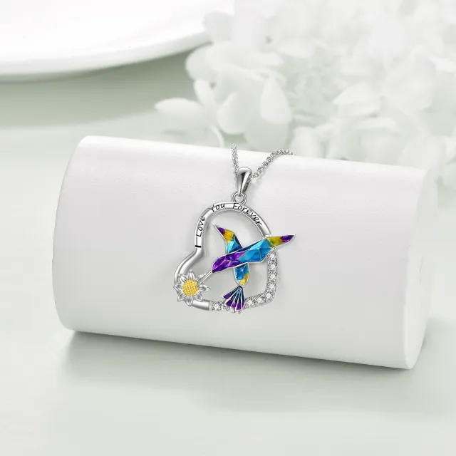 Sterling Silber Zirkon Kolibri & Sonnenblume & Herz-Anhänger Halskette mit eingraviertem W-3