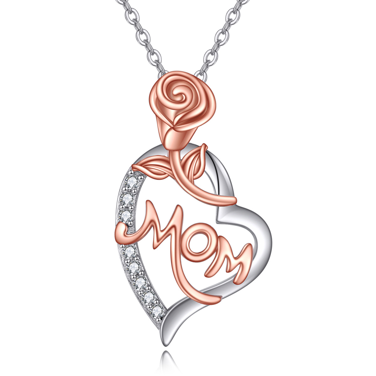 Sterling Silver Two-tone Cubic Zirconia Rose & Heart Pendant Necklace with Engraved Word-1