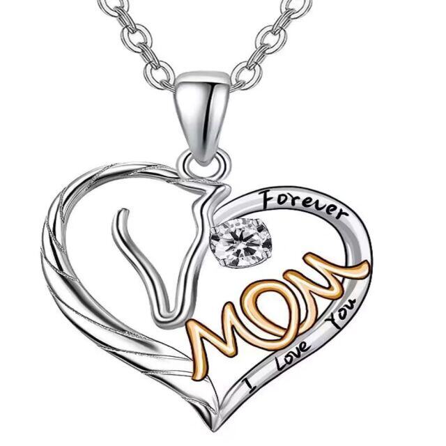 Sterling Silver Two-tone Zircon Heart Pendant Necklace with Engraved Word-0