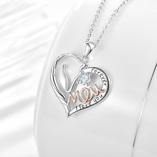 Sterling Silver Two-tone Zircon Heart Pendant Necklace with Engraved Word-2