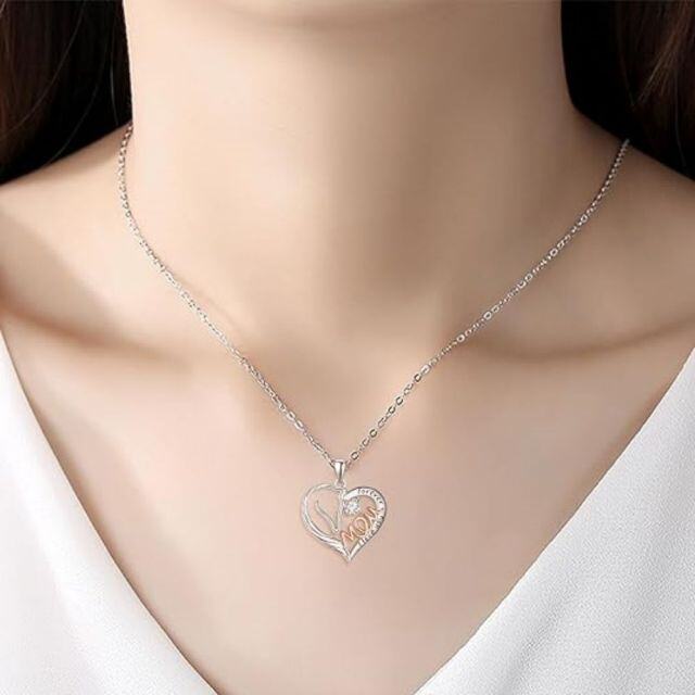 Sterling Silver Two-tone Zircon Heart Pendant Necklace with Engraved Word-1
