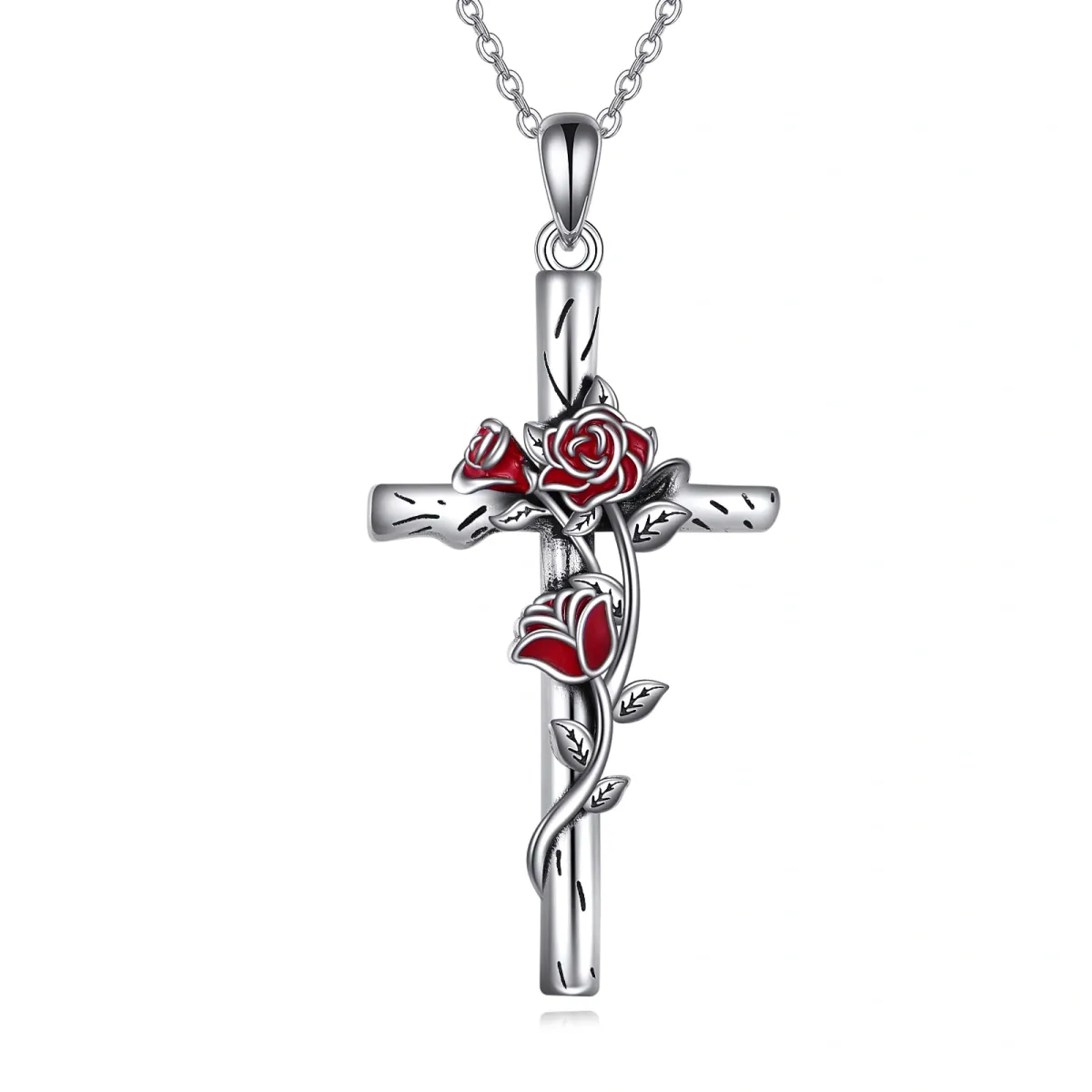 Sterling Silver Rose & Cross Pendant Necklace-1