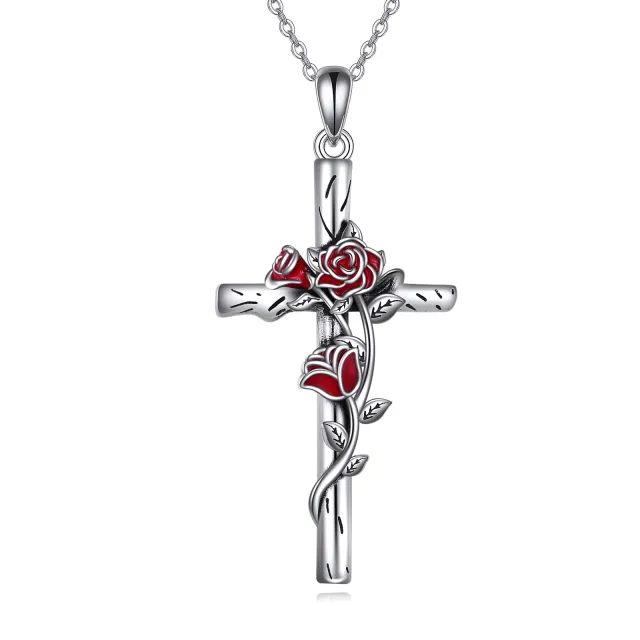 Sterling Silver Rose & Cross Pendant Necklace-0