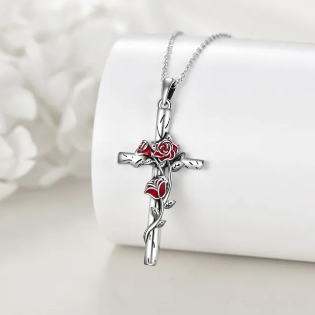 Sterling Silver Rose & Cross Pendant Necklace-2