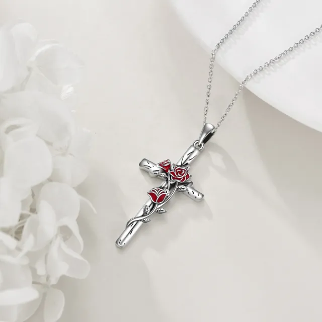 Sterling Silver Rose & Cross Pendant Necklace-3