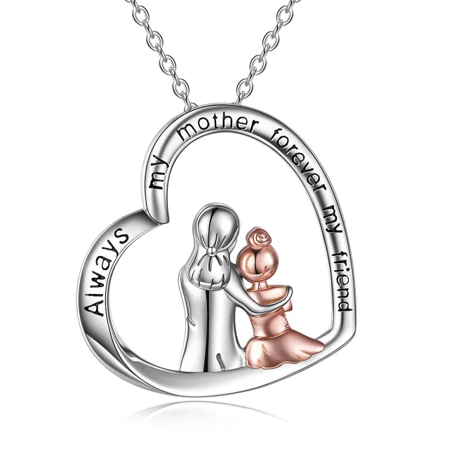 Sterling Silver Mother & Heart Pendant Necklace with Engraved Word-0