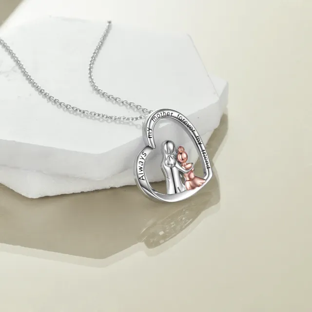 Collar de plata de ley con colgante de madre y corazón con palabra grabada-2