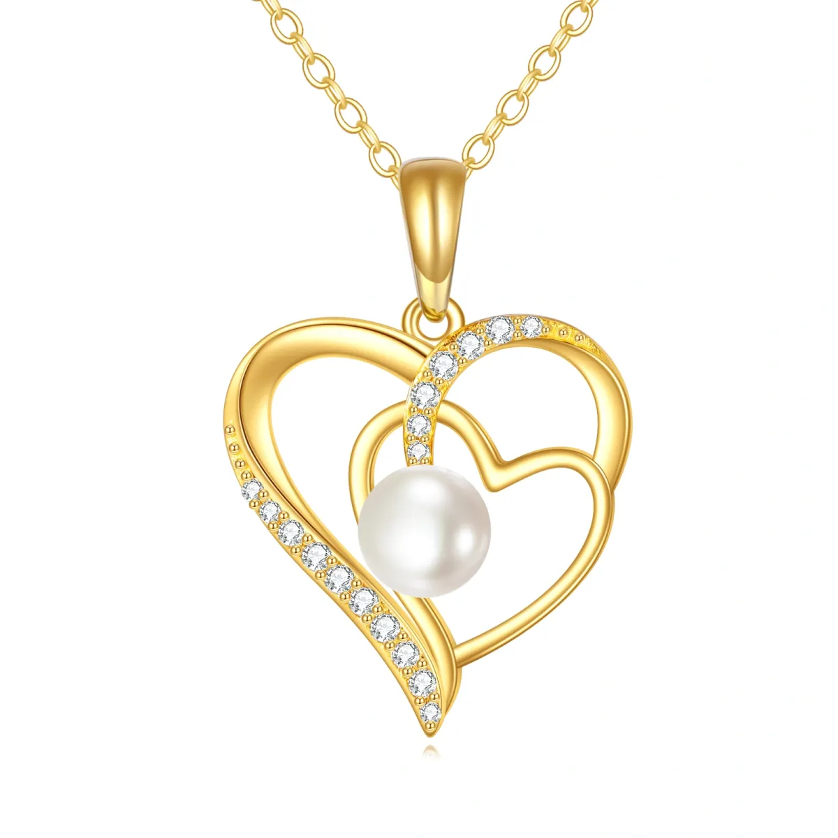 14K Gold Circular Shaped Cubic Zirconia & Pearl Heart With Heart Pendant Necklace-1