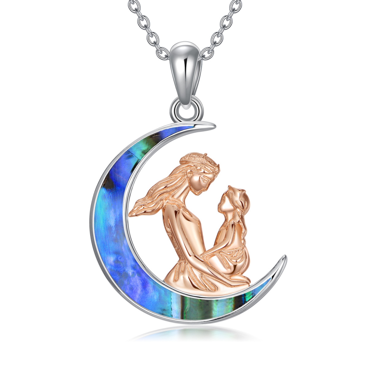 Sterling Silver Two-tone Abalone Shellfish Mother & Daughter Moon Pendant Necklace-1