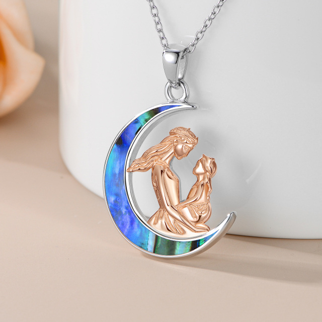 Sterling Silver Two-tone Abalone Shellfish Mother & Daughter Moon Pendant Necklace-2