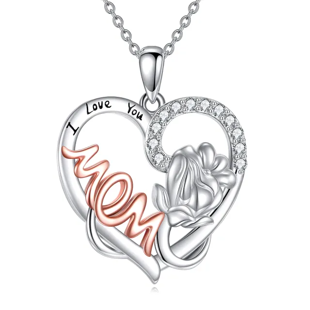 Sterling Silver Two-tone Circular Shaped Cubic Zirconia Rose Mother & Daughter Heart Pendant Necklace with Engraved Word-0