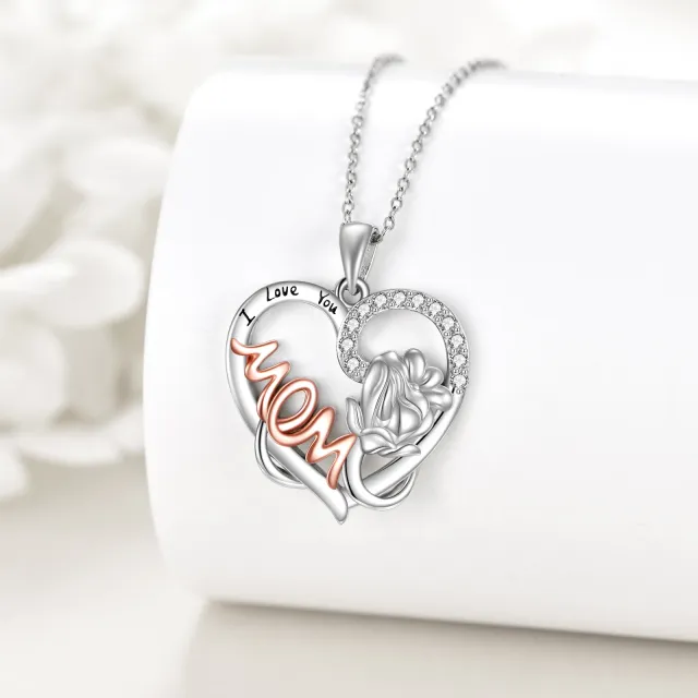 Sterling Silber zweifarbig kreisförmig Zirkonia Rose Mutter & Tochter Herz Anhänger Halskette mit eingraviertem Wort-2