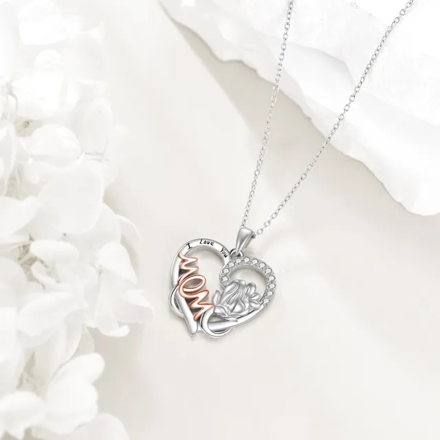 Sterling Silver Two-tone Circular Shaped Cubic Zirconia Rose Mother & Daughter Heart Pendant Necklace with Engraved Word-3