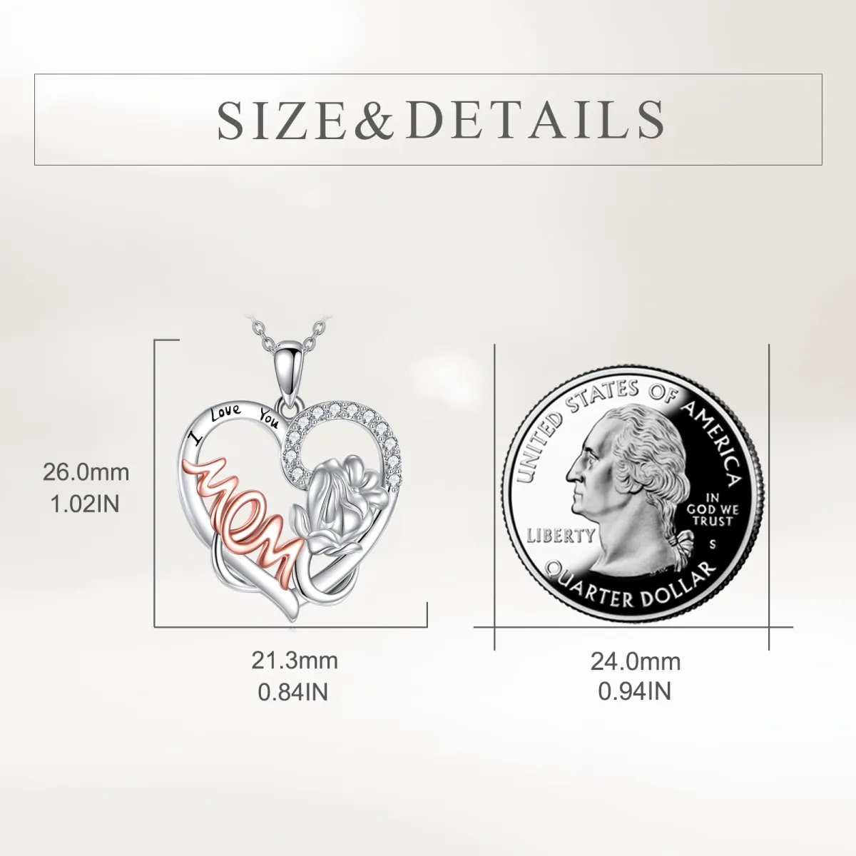 Sterling Silver Two-tone Circular Shaped Cubic Zirconia Rose Mother & Daughter Heart Pendant Necklace with Engraved Word-5