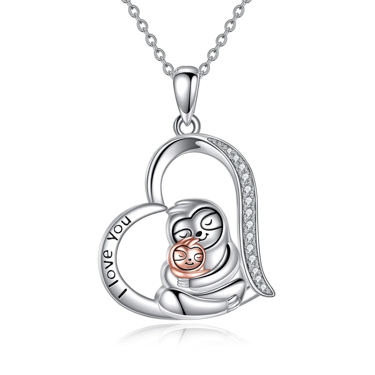 Sterling Silver Zircon Sloth & Heart Pendant Necklace with Engraved Word-1
