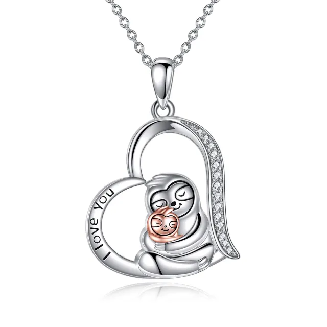 Sterling Silver Zircon Sloth & Heart Pendant Necklace with Engraved Word-0