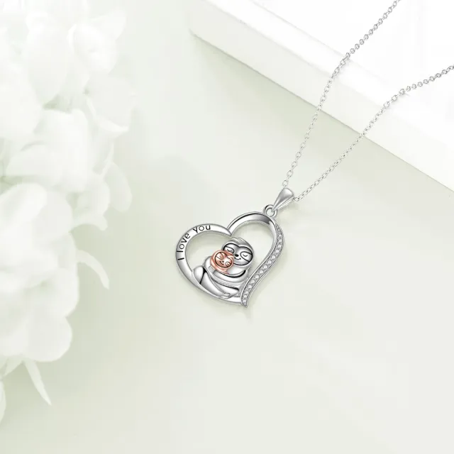 Sterling Silver Zircon Sloth & Heart Pendant Necklace with Engraved Word-2