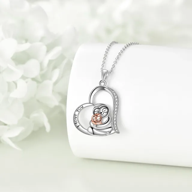 Sterling Silver Zircon Sloth & Heart Pendant Necklace with Engraved Word-3