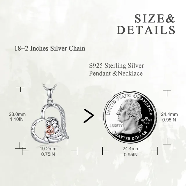 Colar com pingente de coração de preguiça de zircônia em prata esterlina com palavra gravada-4