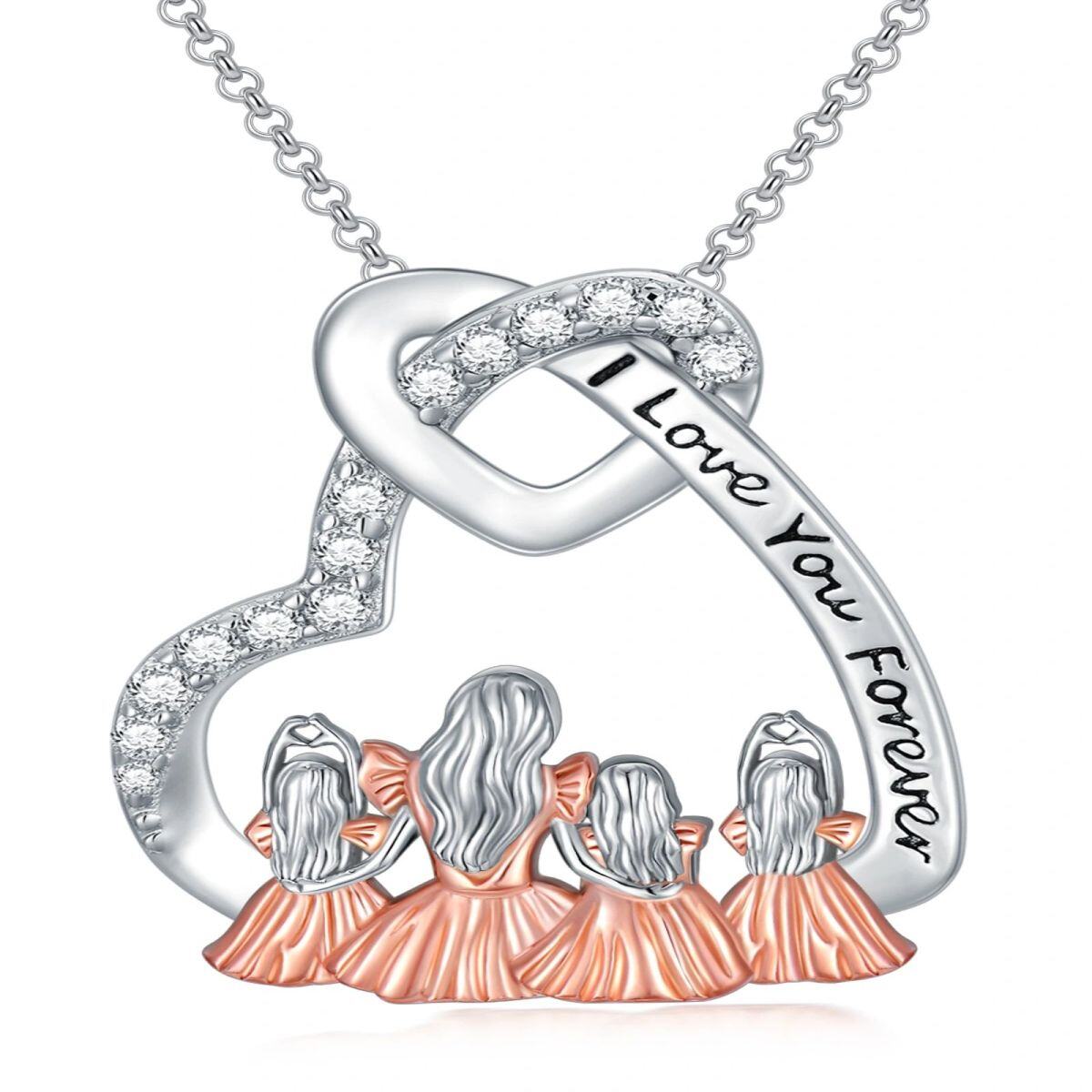 Collier en argent sterling avec pendentif en forme de coeur mère et fille en zircon cubique bicolore avec mot gravé-1