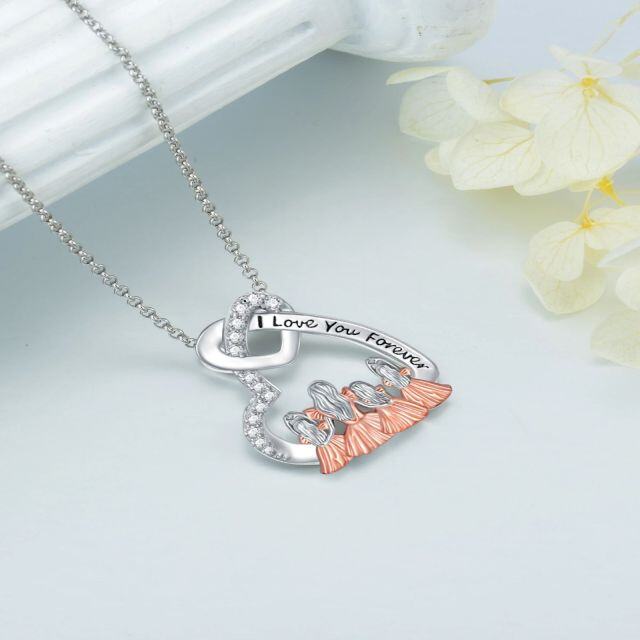 Sterling Silver Two-tone Circular Shaped Cubic Zirconia Mother & Daughter Heart Pendant Necklace with Engraved Word-3