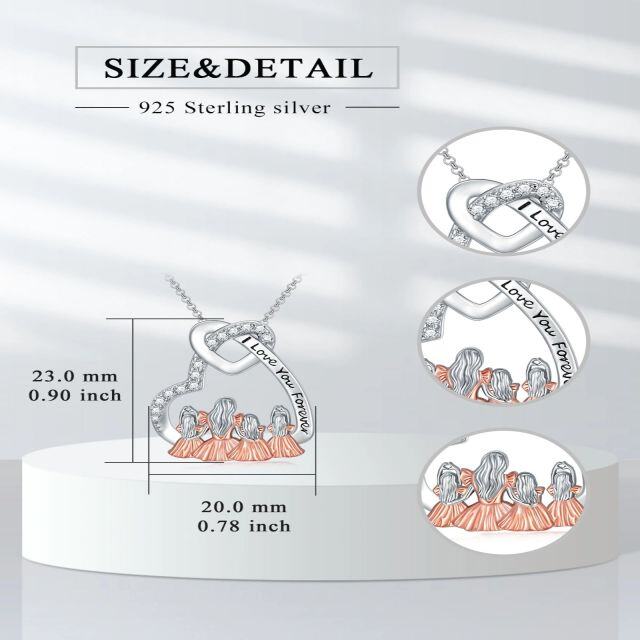 Sterling Silber zweifarbig kreisförmig Cubic Zirkonia Mutter & Tochter Herz Anhänger Halskette mit eingraviertem Wort-4