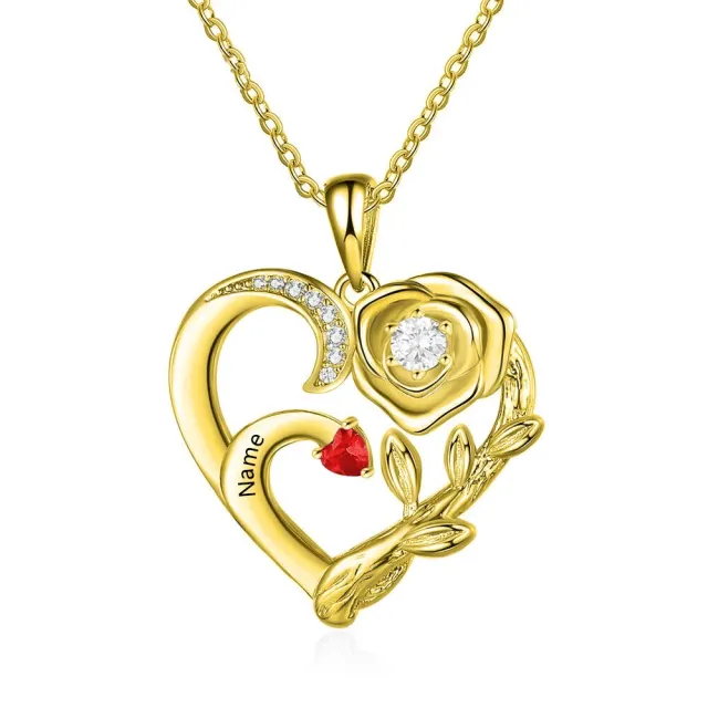 10K Gold Circular Shaped Zircon Rose Heart Personalized Engraving Pendant Necklace-0