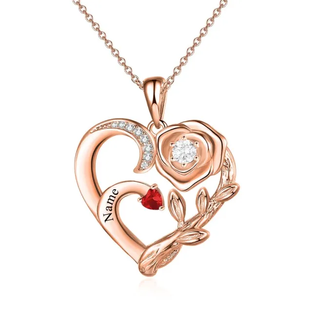 10K Gold Circular Shaped Zircon Rose Heart Personalized Engraving Pendant Necklace-1