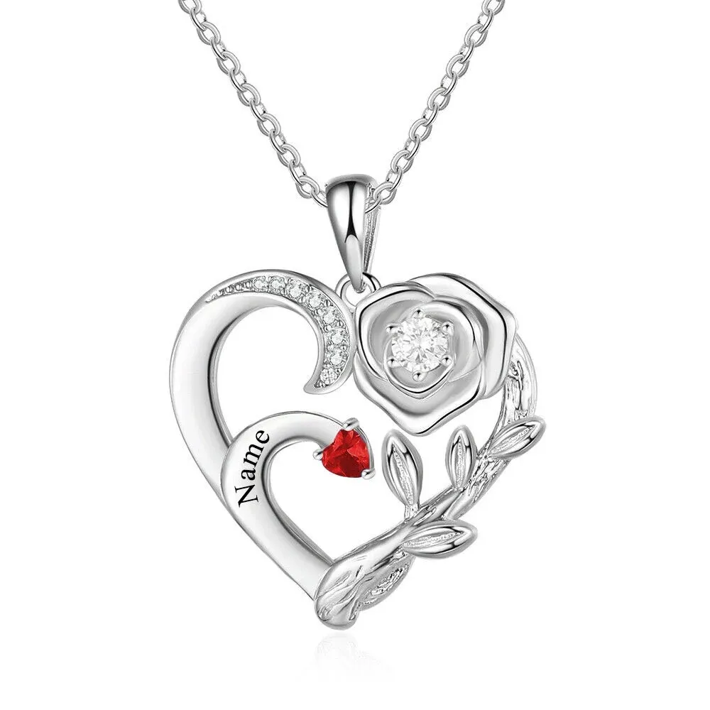 10K Gold Circular Shaped Zircon Rose Heart Personalized Engraving Pendant Necklace-3