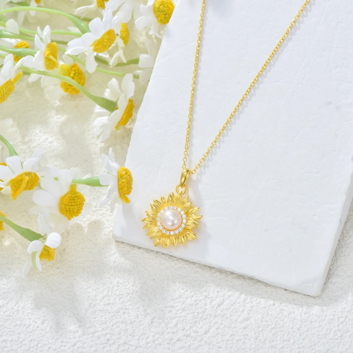 Sterling Silver with Yellow Gold Plated Pearl Sunflower Pendant Necklace-3