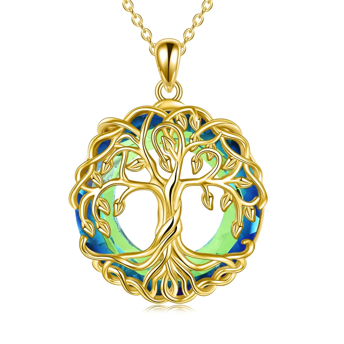 Sterling Silver with Yellow Gold Plated Circular Shaped Crystal Tree Of Life Pendant Necklace-1