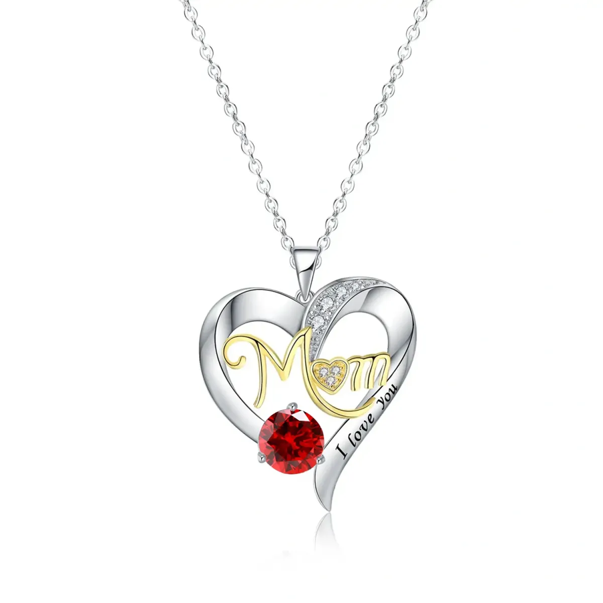 Sterling Silver Two-tone Circular Shaped Cubic Zirconia Personalized Birthstone & Heart Pendant Necklace with Engraved Word-1