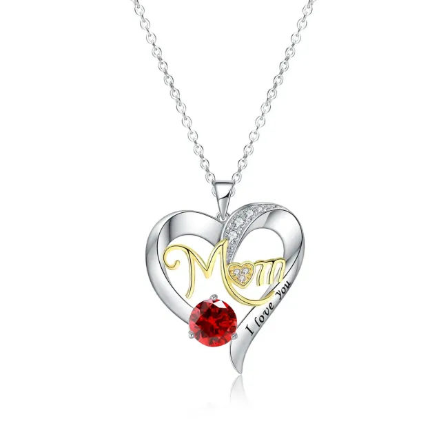 Sterling Silver Two-tone Circular Shaped Cubic Zirconia Personalized Birthstone & Heart Pendant Necklace with Engraved Word-0