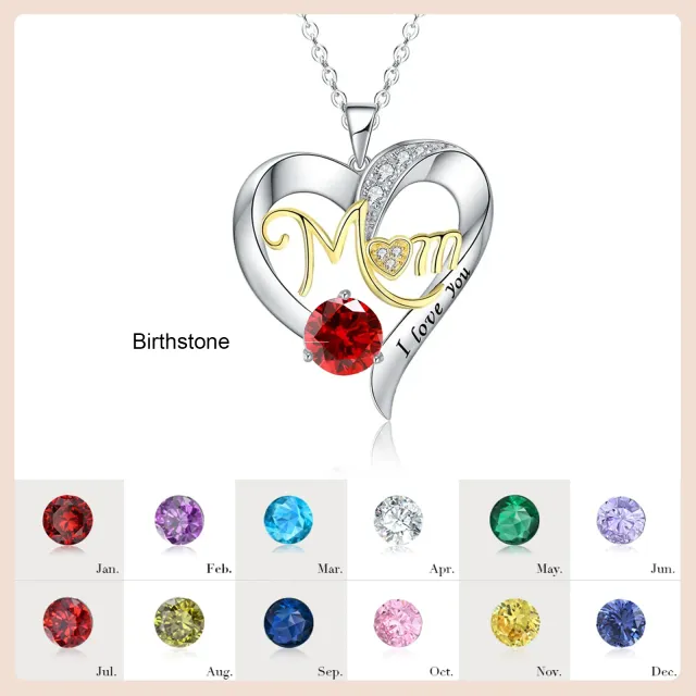 Sterling Silver Two-tone Circular Shaped Cubic Zirconia Personalized Birthstone & Heart Pendant Necklace with Engraved Word-2