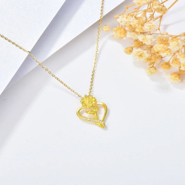 14K Gold Cubic Zirconia Sunflower & Heart Pendant Necklace-2