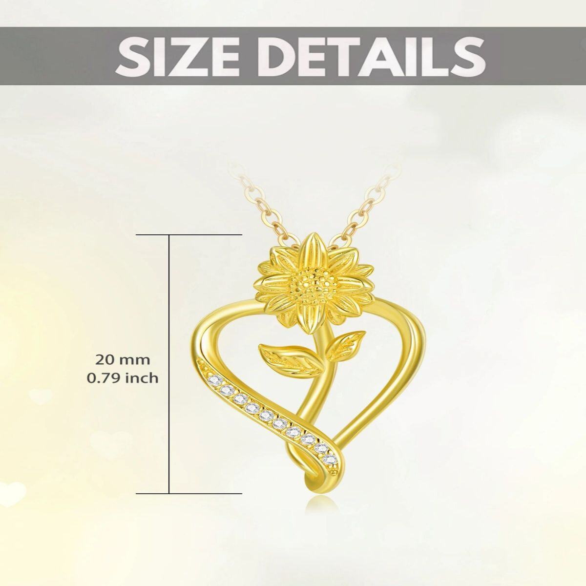Collier en or 14K avec pendentif fleur de soleil et coeur en zircon cubique-5