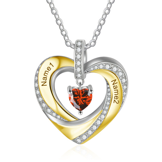 Collier pendentif coeur personnalisé avec pierre de naissance et nom en or 10 carats et zircone cubique bicolore