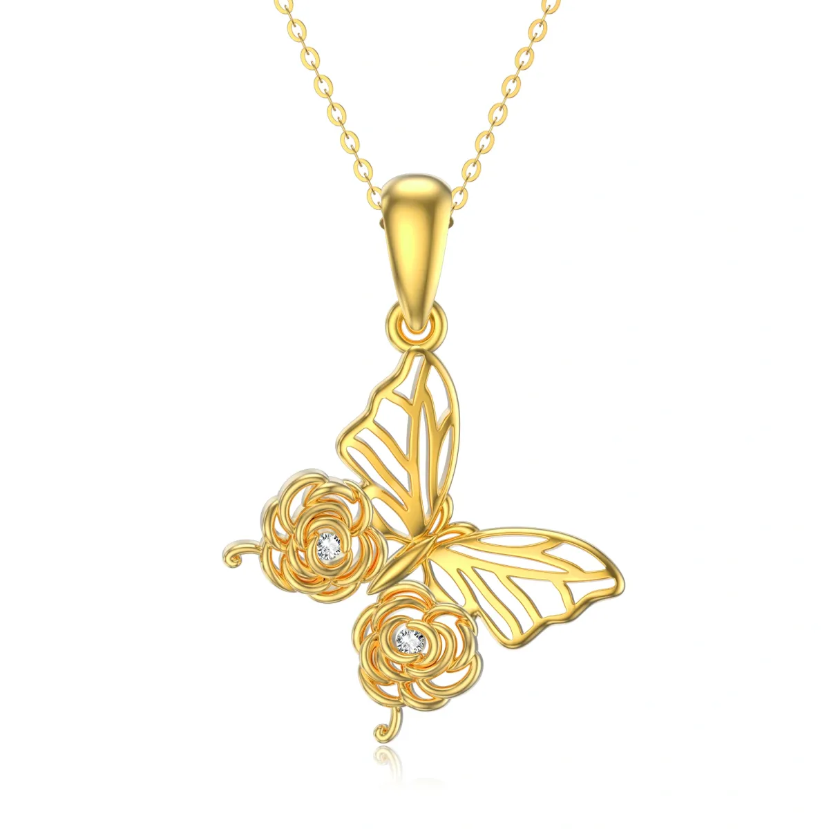 14K Gold Moissanit Schmetterling & Rose Anhänger Halskette-1